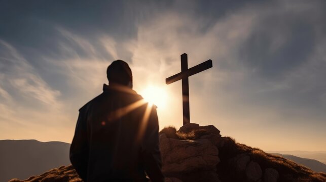 woman looking at the cross of Jesus, christian concept, generative ai