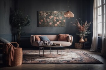 cozy living room with elegant furniture and a striking artwork on the wall. Generative AI