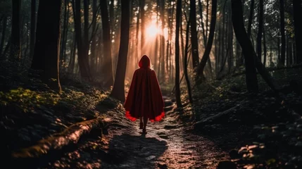 Tuinposter Little red riding hood in magic forest, generative ai © ThisDesign