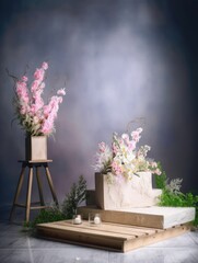 floral podium, podium for product display with leaves. generative ai