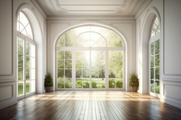 Fototapeta premium Illustration of an Empty Room with Large Windows and Wooden Flooring. Generative AI