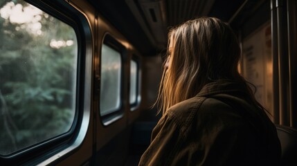 woman looking through the window of a train. generative ai