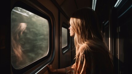 Fototapeta premium woman looking through the window of a train. generative ai