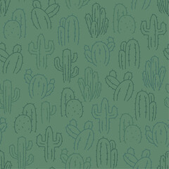 Green seamless pattern of cactus outline