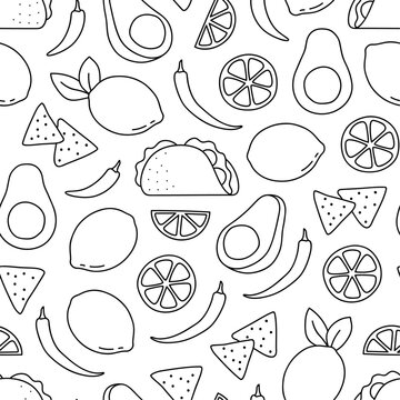 Black and white seamless pattern of Mexican food line doodle