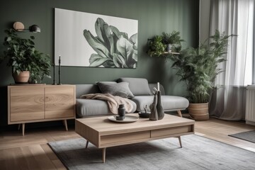 cozy living room with stylish furniture and artwork on the wall. Generative AI