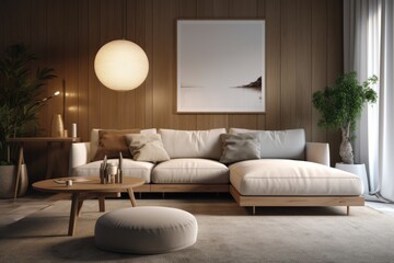 modern living room with a white sofa and coffee table. Generative AI