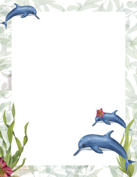 Watercolor card in cartoon style with dolphins and kelps isolated on white background. Hand painted illustration for postcard, kids party poster, invitation template
