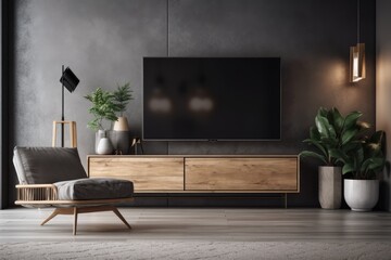 modern living room with a large TV and a potted plant. Generative AI