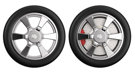 Fototapeta premium Black tire with metallic wheel isolated on white