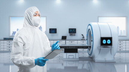 Doctor wears medical protective suit or coverall suit with x-ray brain and mri scan machine