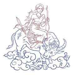 angel with a sword ridding buffalo vector for card decoration illustration