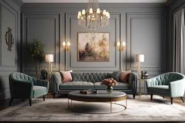 luxurious living room with elegant furniture and a grand chandelier. Generative AI