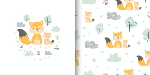 Illustration and seamless pattern with cute fox and forest. Cute mom and little fox. Vector illustration. Design for fabric, textile, kids fashion, wrapping, wallpaper