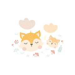 Illustration, Cartoon cute mom and little fox. Vector illustration. Design for card, wallpaper, nursery, textile, kids collection