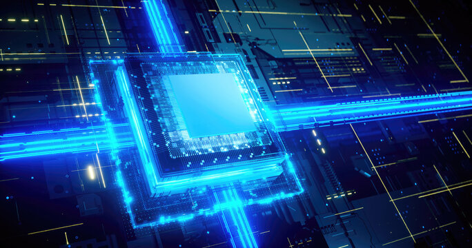 3D rendering of cyberpunk AI. Circuit board. Technology background. Central Computer Processors CPU and GPU concept. Motherboard digital chip. Tech science background.