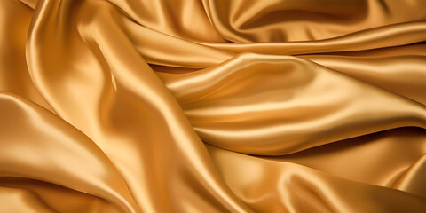 Fototapeta premium Abstract wavy golden silk cloth drapery background with ripple and folds. Generative AI illustration.