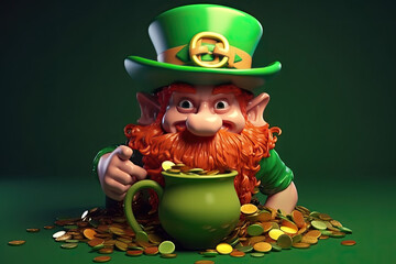 Funny red beard leprechaun in a green hat with a shamrock holds beer mug with green ale, extreme luck to find the end of rainbow and pot of gold coins, generative AI