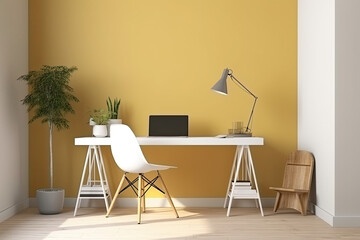 Fototapeta na wymiar Minimalist home office desk, natural daylight, vivid colors, generative AI
