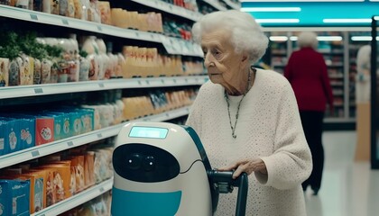 Smart robot helps elderly people select products at supermarkets. Generative AI.