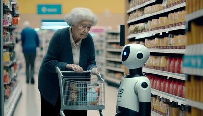 Smart robot helps elderly people select products at supermarkets. Generative AI.