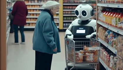 Smart robot helps elderly people select products at supermarkets. Generative AI.