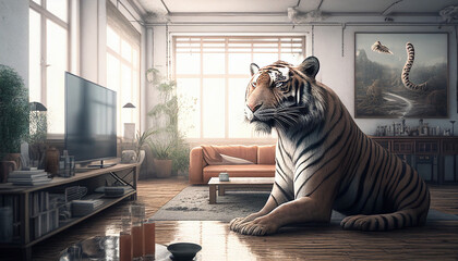 Tiger im Wohnzimmer, Moderne Einrichtung, wohnen mit Tieren, Generative AI 