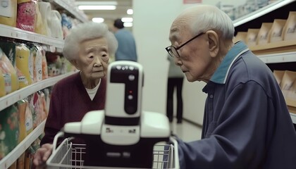 Smart robot helps elderly people select products at supermarkets. Generative AI. - obrazy, fototapety, plakaty