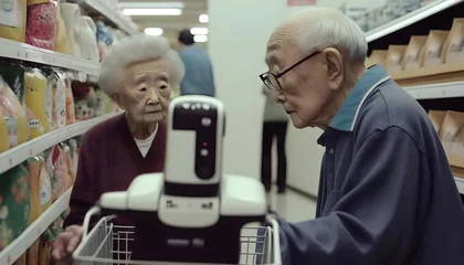 Deurstickers Smart robot helps elderly people select products at supermarkets. Generative AI. © 亜矢子 松林