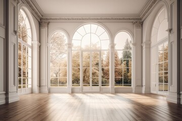 Illustration of an empty room with natural light coming in through large windows and warm wooden floors. Generative AI