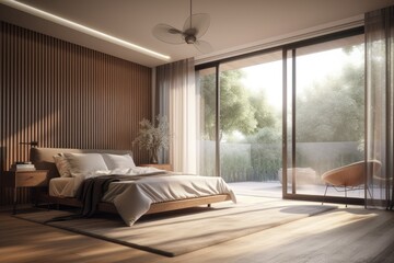 Fototapeta na wymiar modern bedroom with a comfortable bed and a sliding glass door leading to a balcony or patio. Generative AI