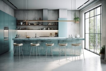 modern kitchen with a sleek marble countertop and stylish bar stools. Generative AI