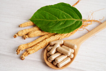 Ginseng roots and green leaf, healthy food.