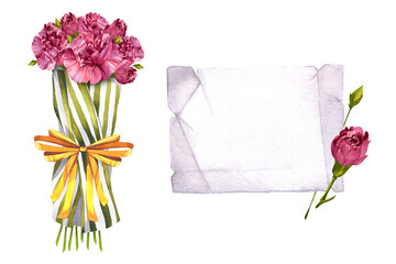 A set of carnations and a sheet of paper. Bouquet of pink flowers in paper packaging. Delivery of flowers with a letter. Watercolor illustration isolated on white background.