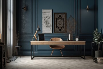 simple wooden desk and chair in a dark blue room. Generative AI