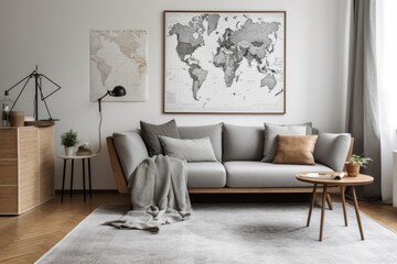 modern living room with a minimalist gray couch and a world map artwork on the wall. Generative AI