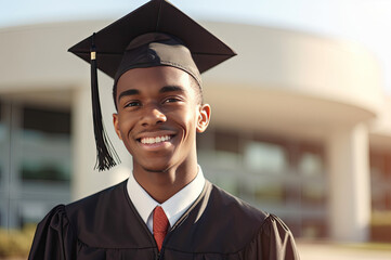 Happy black man graduate education getting degree achievement academic success University college highschool portrait student pride future career graduation on campus melinated boy teen teenager	
