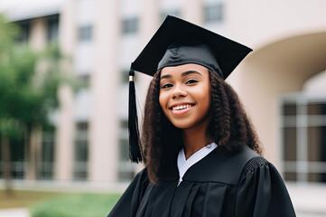 Happy black woman graduate education getting degree achievement academic success University college highschool portrait student pride future career graduation on campus melinated girl teen teenager