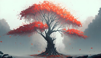 lonely red autumn tree with falling leaves in winter forest, landscape painting, Generative AI