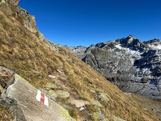 Hiking trails or mountaineering routes in the autumn Swiss Alpine environment of the Albula Alps and above the mountain road pass Fluela (Flüelapass), Zernez - Canton of Grisons, Switzerland (Schweiz)