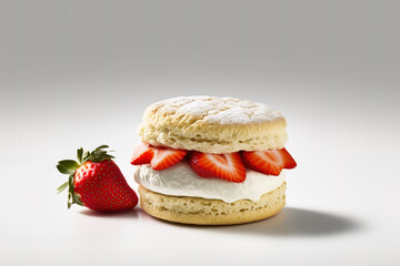 Front view yummy creamy strawberry shortcake on the white background. Created with Generative AI Technology