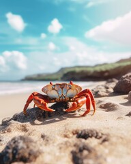 Fototapeta na wymiar Lightfoot crab on a sandy beach in paradise on a sunny warm summer day