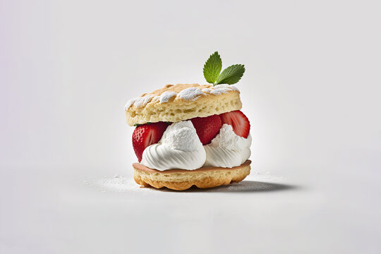 Front view yummy creamy strawberry shortcake on the white background. Created with Generative AI Technology