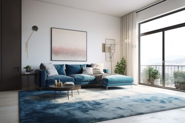 Fototapeta na wymiar modern living room with blue accents. Generative AI