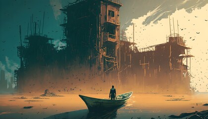 man on a boat floating in the sea against abandoned buildings, illustration painting, Generative AI