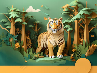 Bengal tiger walking through a forest, with the paper art creating the trees and foliage in the background, and the jungle foliage to create a 3D effect