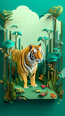 Bengal tiger walking through a forest, with the paper art creating the trees and foliage in the background, and the jungle foliage to create a 3D effect