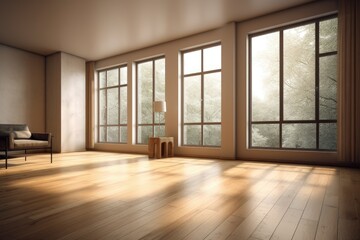 Fototapeta premium Illustration of an empty room with a chair and large windows. Generative AI