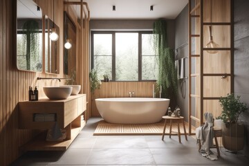 Fototapeta na wymiar modern bathroom with a spacious tub, sleek sink, and large mirror. Generative AI
