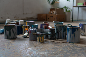 Cans of colored paint. Interior Painting, Art studio